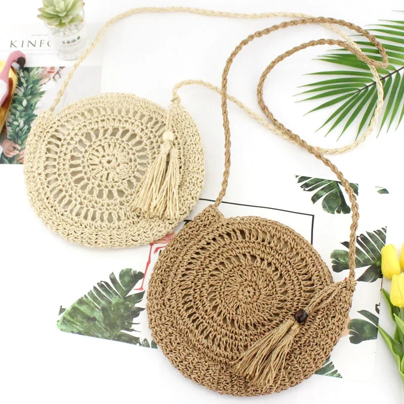 Rattan Woven Round Women Straw Bag Handbag Knit Summer Beach Bag Woman Shoulder Messenger Bag Tassel Khaki Beige Bags