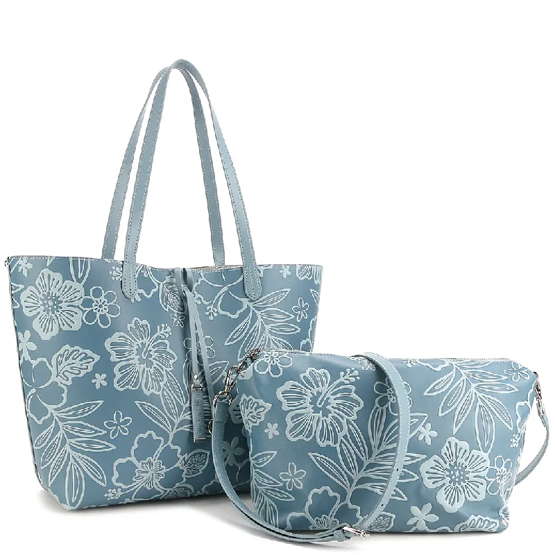 Reversible Tote Nancy Large Cherry Blossom Embossed Blue