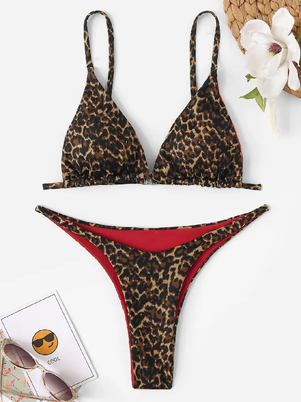 Swim Summer Beach Leopard Triangle Thong Bikini Swimsuit