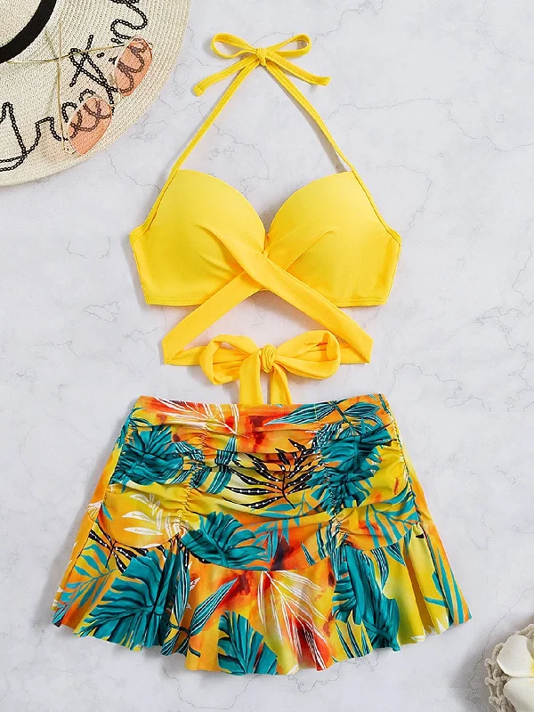 Swim Summer Beach Plant Print Wrap Halter Skort Bikini Swimsuit