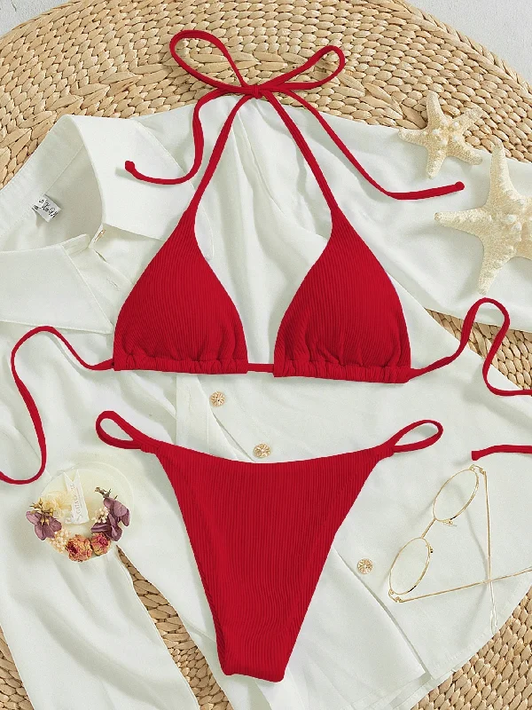 Swim Summer Beach Ribbed Bikini Set Tie Back Halter Triangle Bra & Thong 2 Piece Bathing Suit