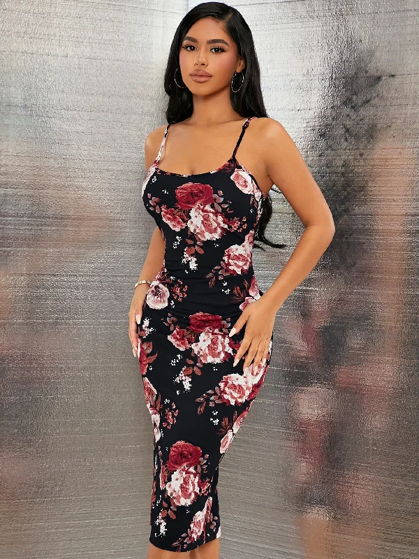 SXY Floral Print Split Back Cami Bodycon Dress