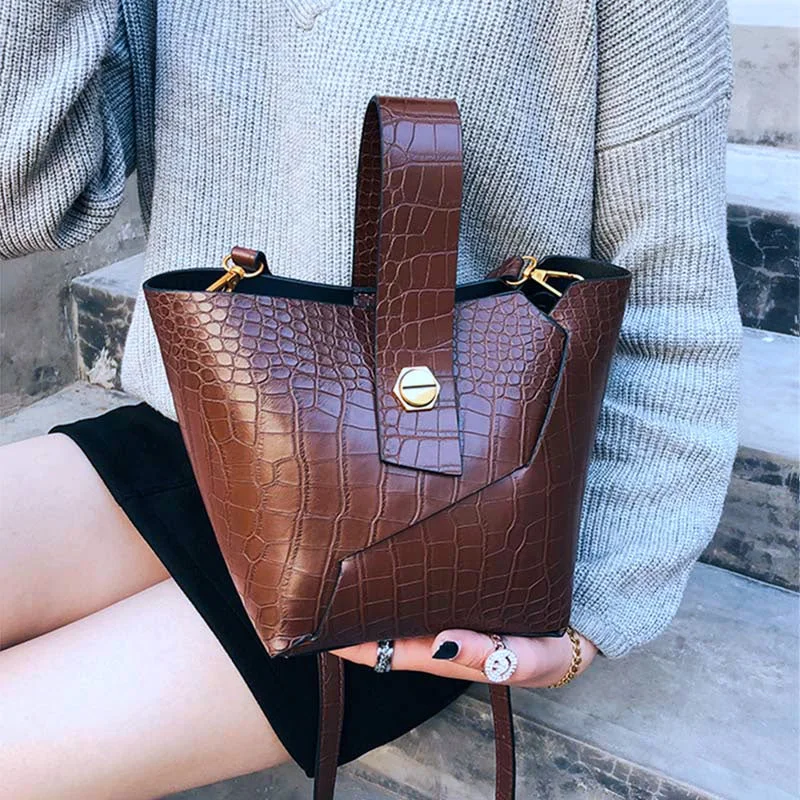 Vintage Fashion Female Tote Bag Pu Leather Women'S Designer Handbag Alligator Bucket Bag Shoulder Messenger Bag