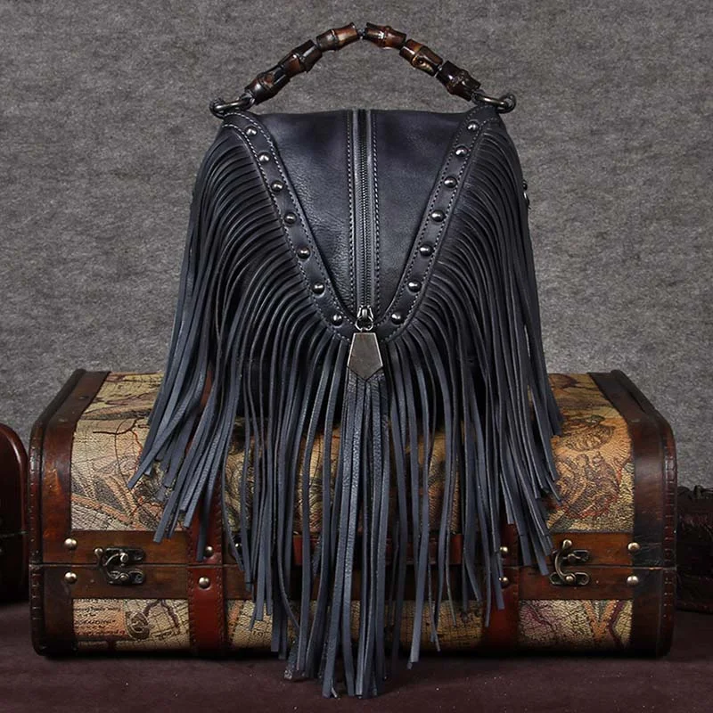 Black Leather Fringe Crossbody Purse For Women Vintage Boho Bags