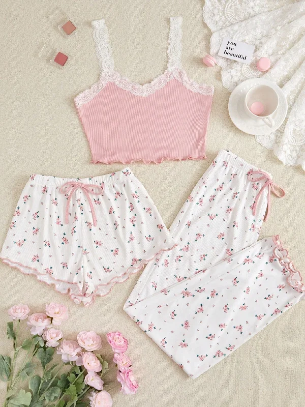 Women's Lace Trim Cami Top And Floral Print Shorts & Long Pants Pajama Set