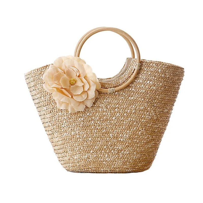 Women's Straw Handbag Flower Woven Summer Beach Messenger Tote Bag Basket Shopper Purse